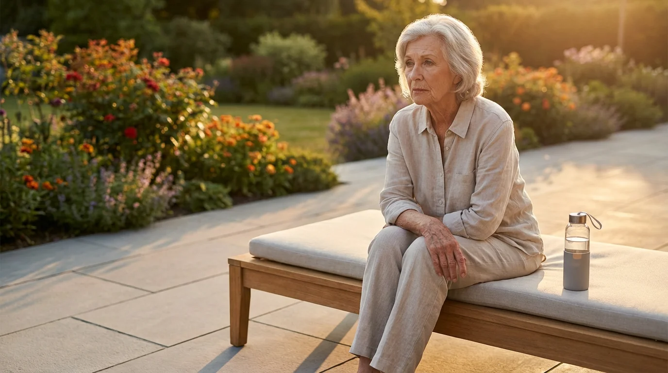 An elderly woman looking tired while sitting on a patio during golden hour.