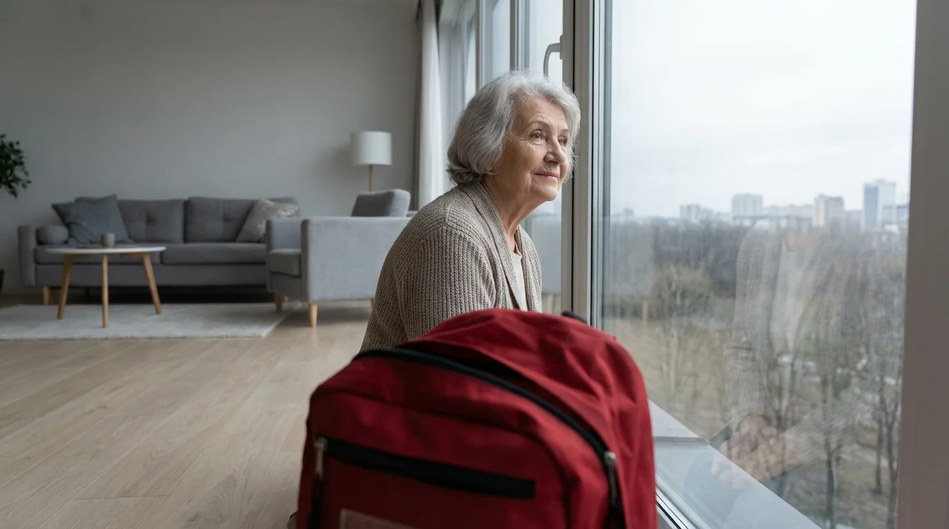 An elderly woman looks thoughtfully out a window, with an emergency kit on the floor.