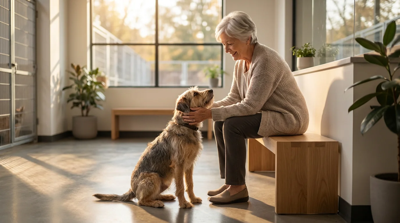 An elderly woman petting a calm shelter dog in a sunlit room.