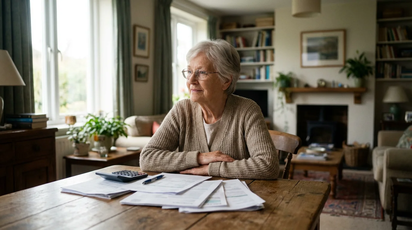 An elderly woman sits at a table with financial papers, looking peacefully out a window.