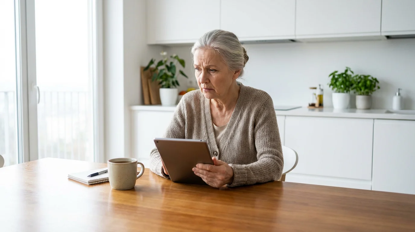 An elderly woman sits at her kitchen table looking at a tablet with concern.