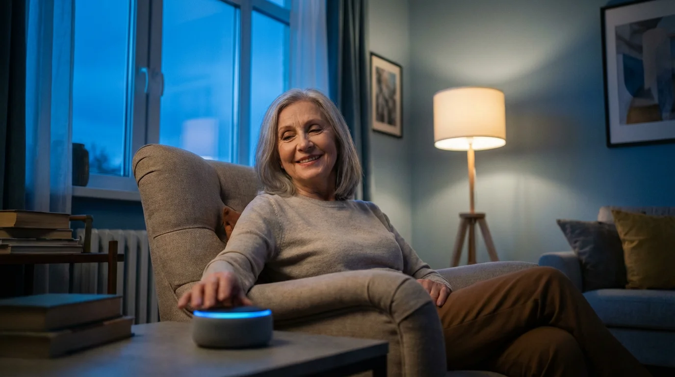 An elderly woman sits in her living room at dusk, smiling at a smart device.