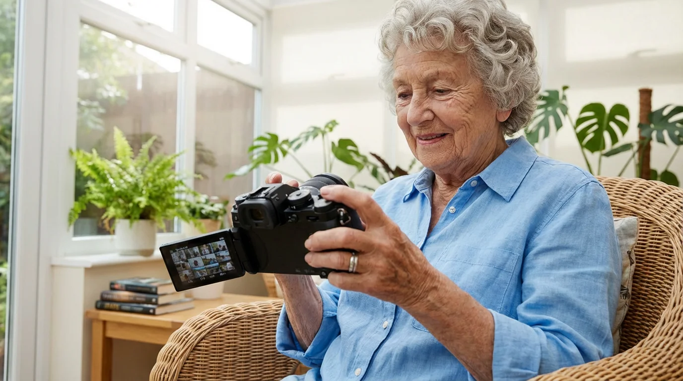 An elderly woman smiles while reviewing photos on her digital camera in a sunlit room.