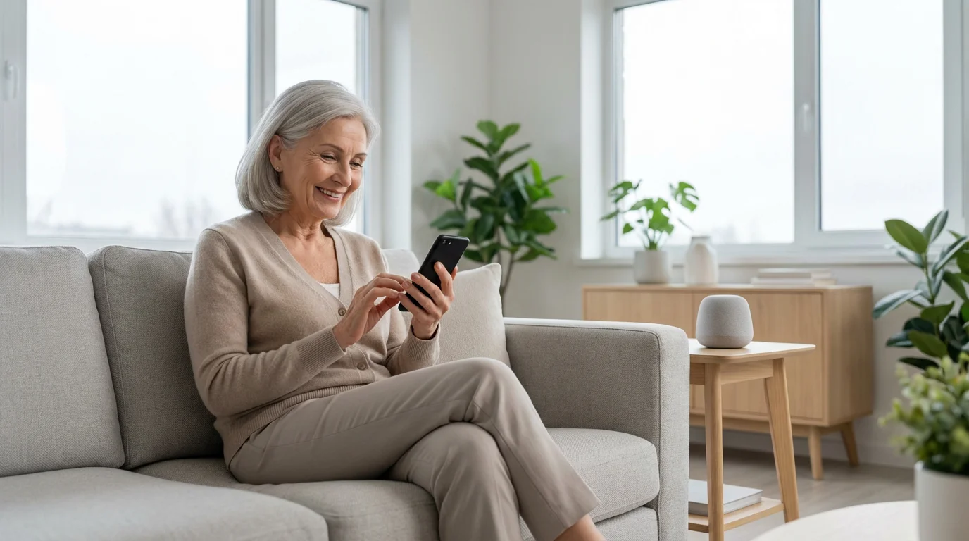 An elderly woman smiling while using a smartphone in her bright, modern living room.