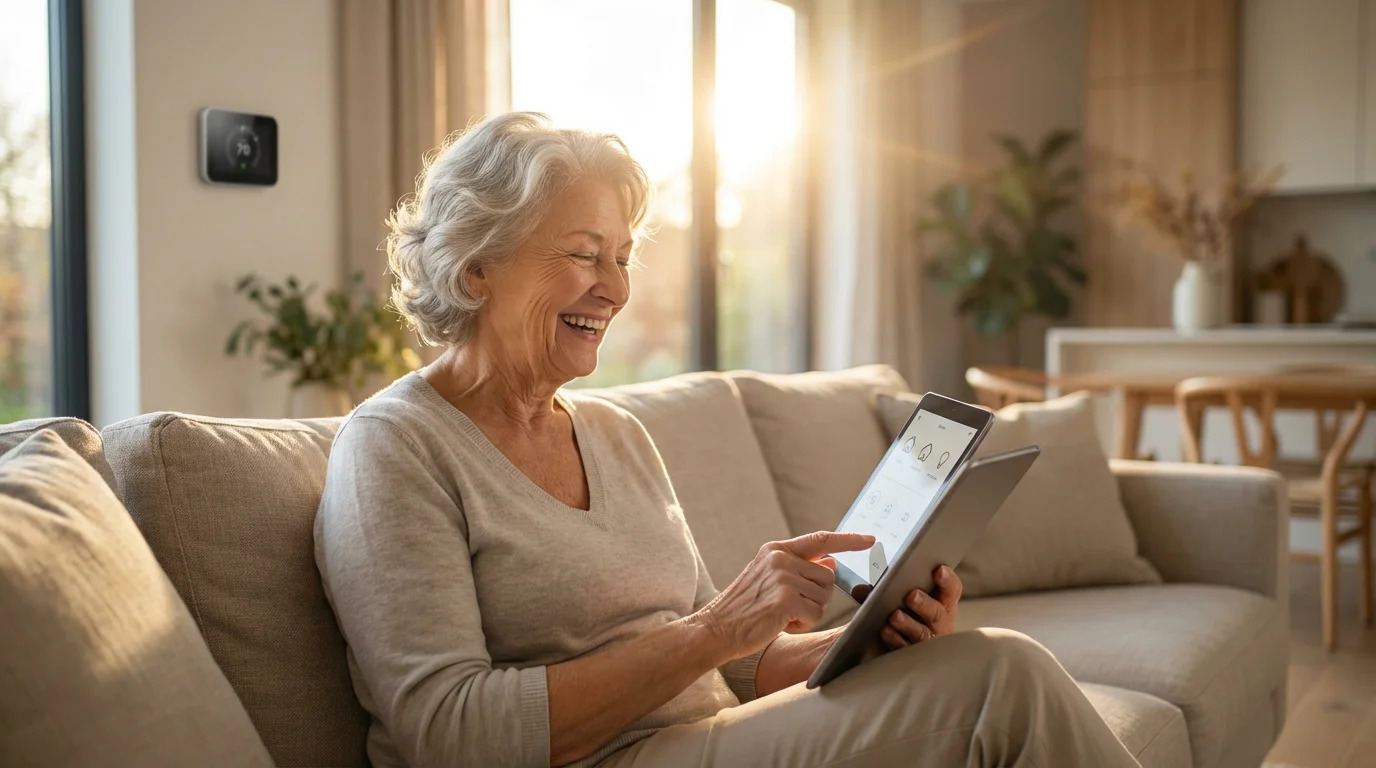 An elderly woman smiling while using a tablet to manage her smart home.