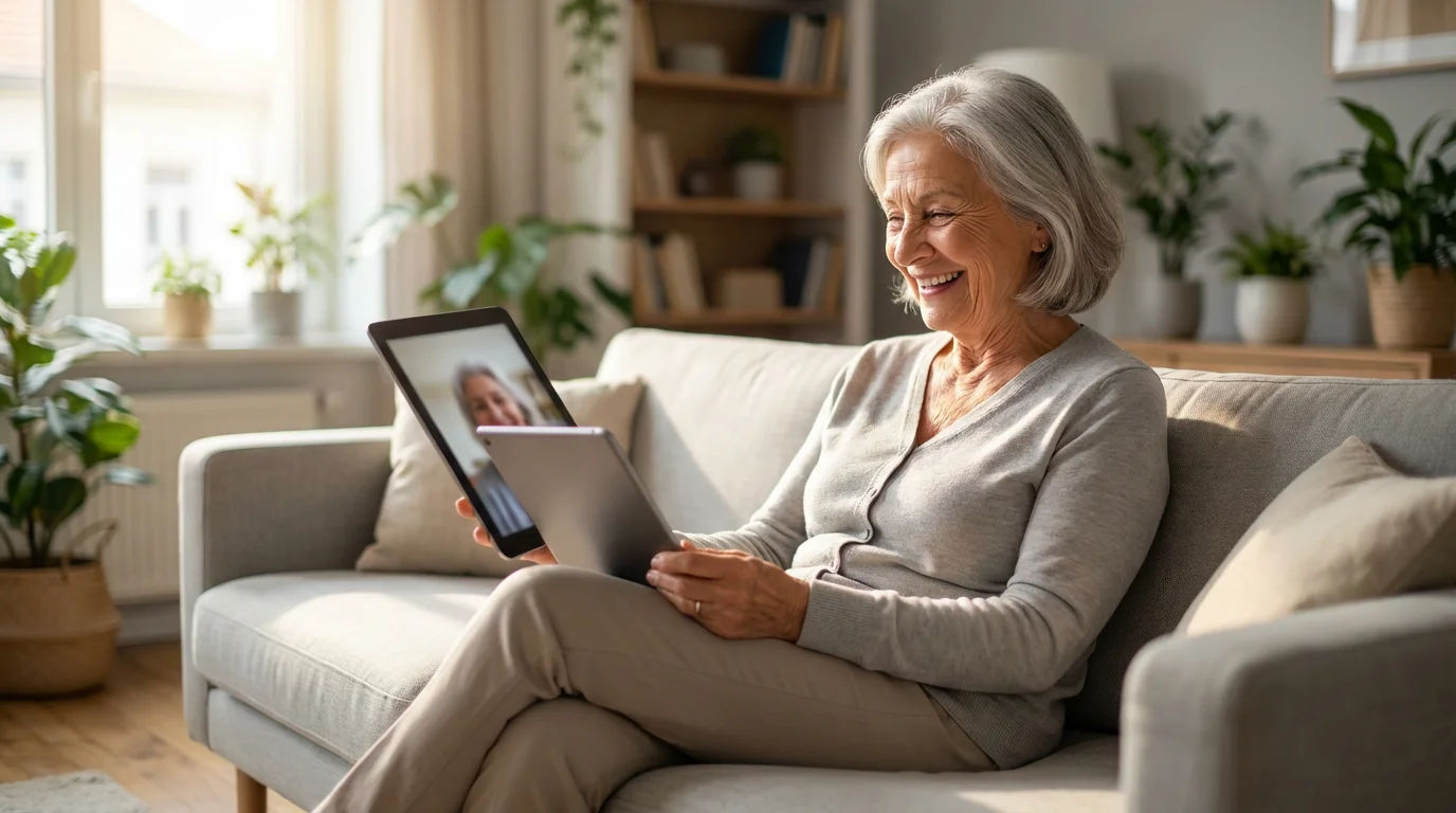 An elderly woman smiling while using a tablet for a video call in her sunny living room.