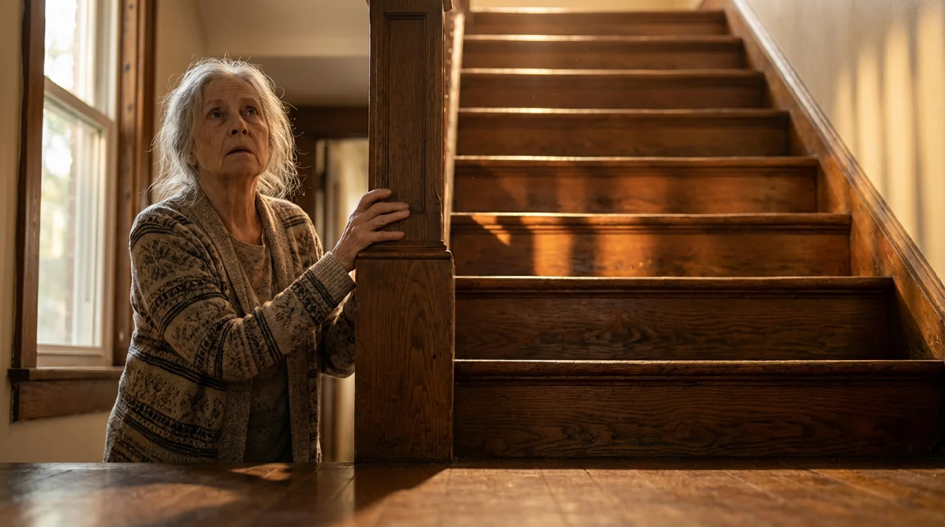 An elderly woman stands at the bottom of a sunlit staircase, representing fall risk.