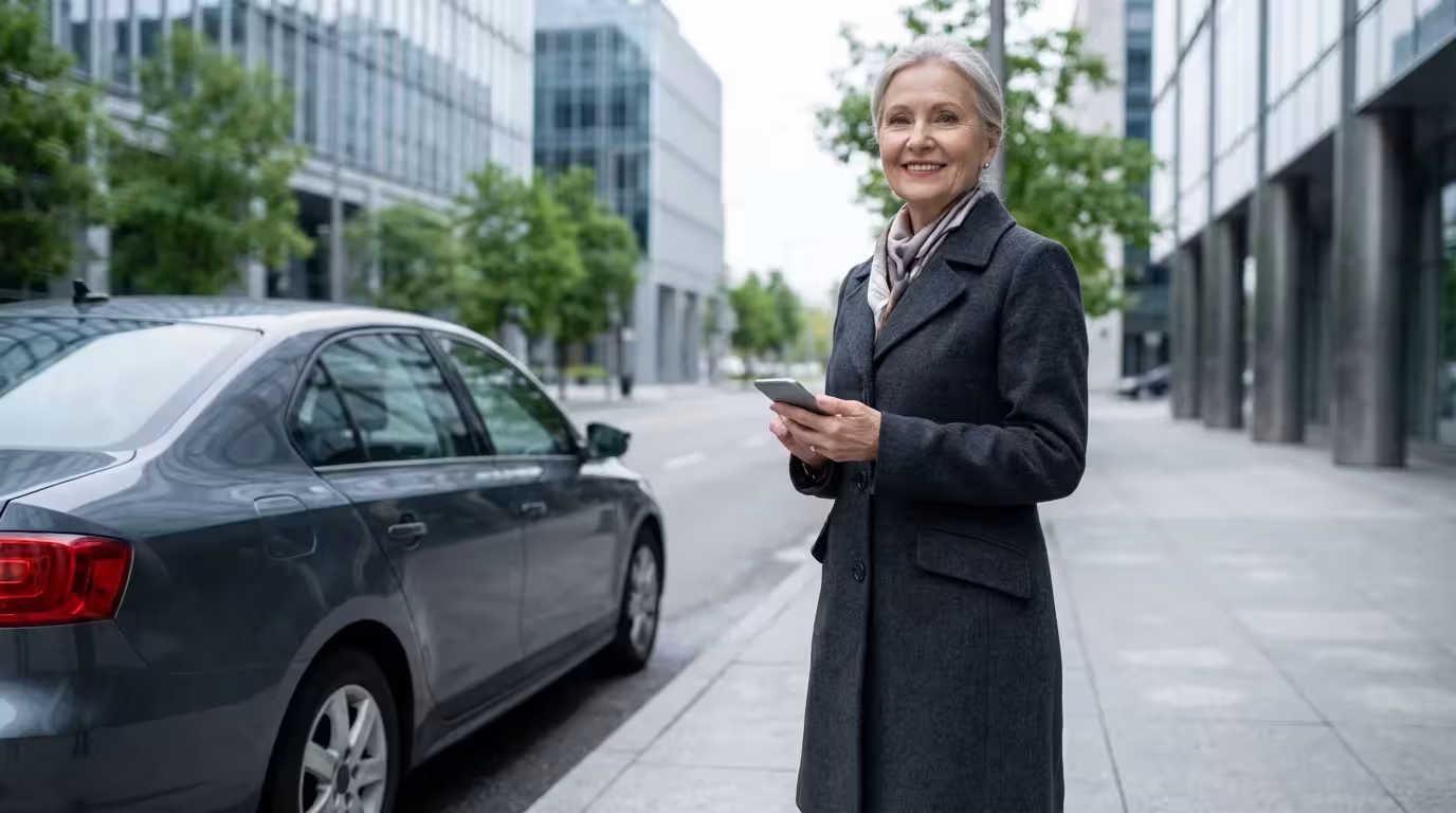 An elderly woman with a smartphone as a ride-share car arrives at the curb.