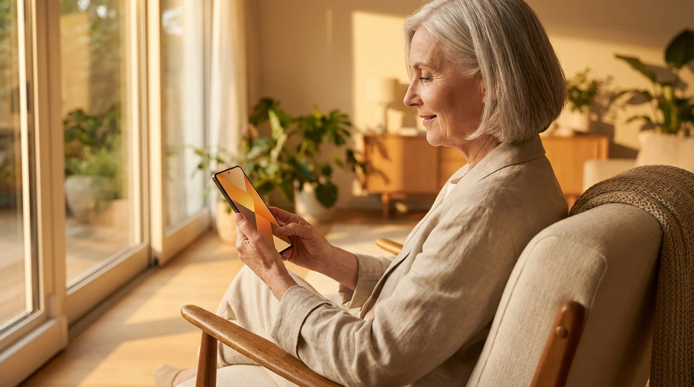An elegant senior woman sitting in an armchair, confidently using a smartphone during golden hour.