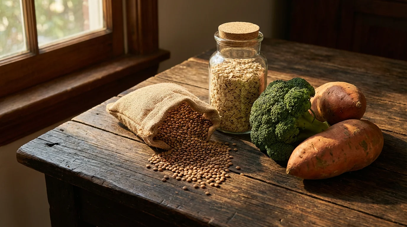 An eye-level view of healthy, budget-friendly foods like lentils, oats, and sweet potatoes.