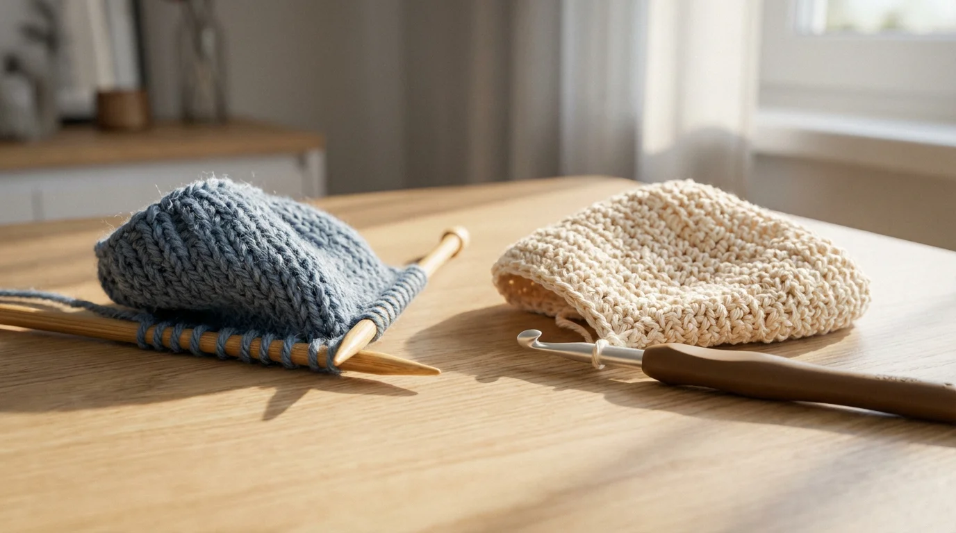 An eye-level view of knitting needles and a crochet hook with yarn projects.