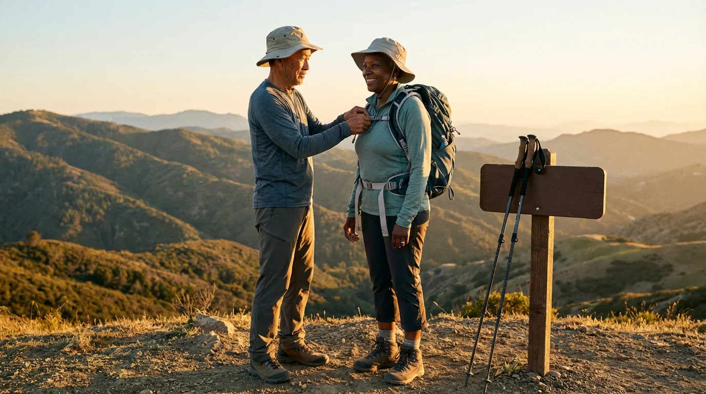 An older couple in hiking gear adjusts a backpack at a scenic mountain overlook.