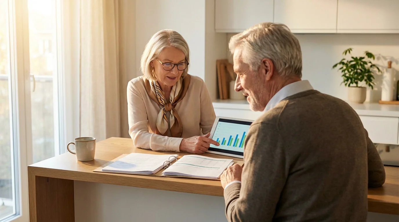 An older couple reviews financial paperwork and a tablet at their kitchen island.