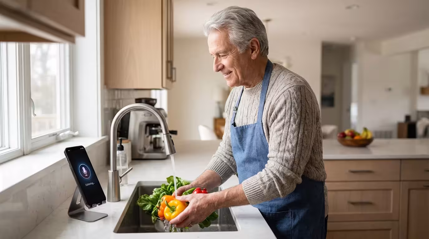 An older man in a kitchen uses voice commands on his smartphone hands-free.