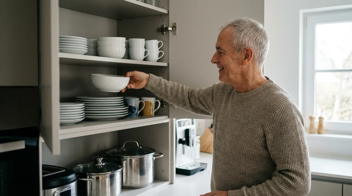 An older man safely reaching for a bowl in a well-organized kitchen cabinet.