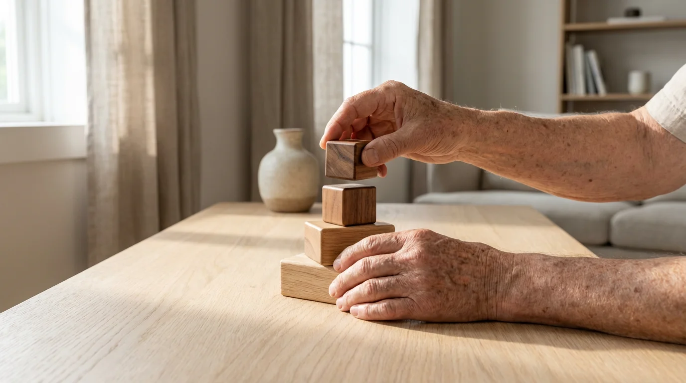 An older person's hands carefully stacking simple wooden blocks on a modern table.