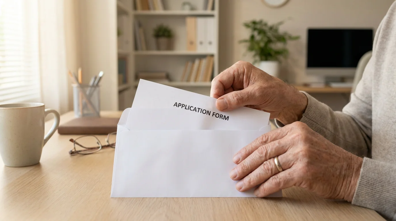 An older person's hands placing a blank application form into a clean white envelope.