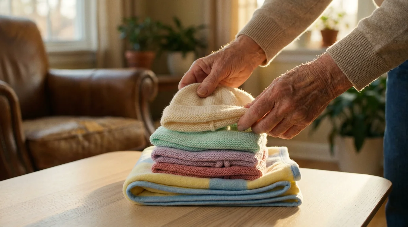 An older person's hands stacking knitted baby hats for a charity donation at golden hour.