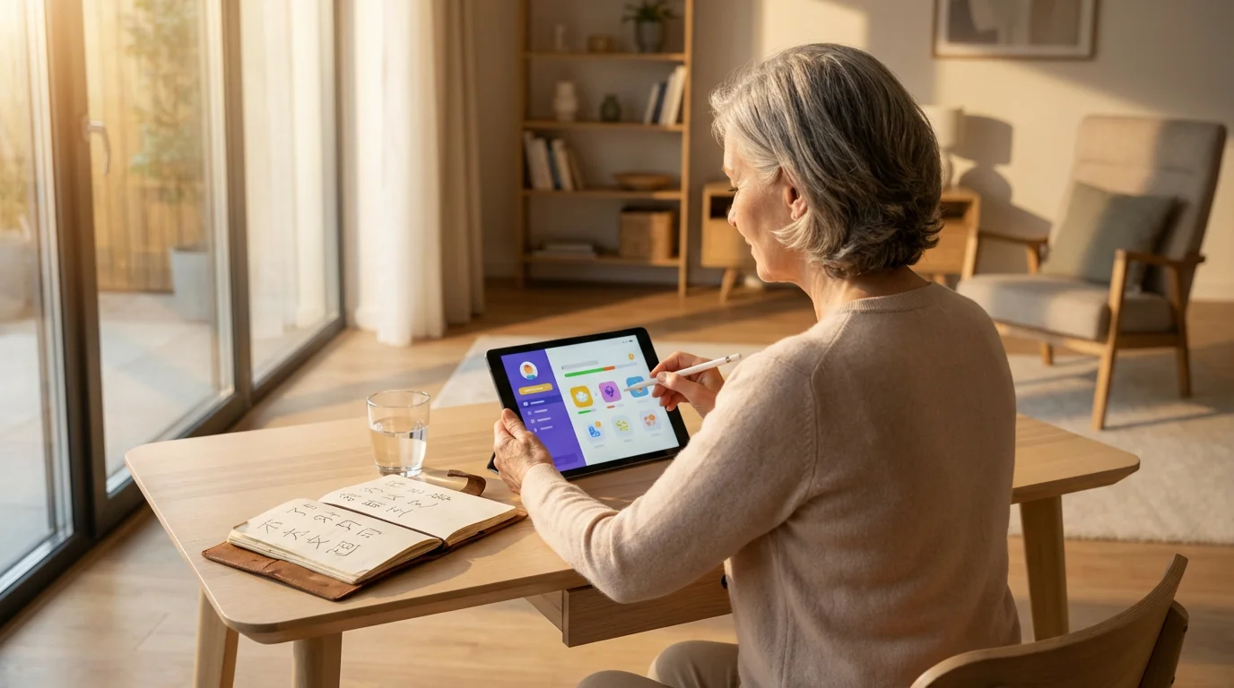 An older woman sits at a desk learning a new language on a tablet.