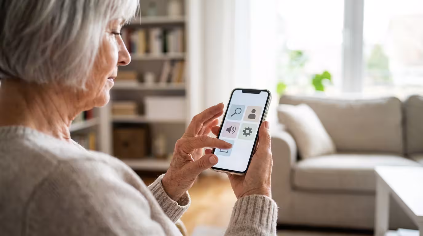 An older woman's hands holding a smartphone and navigating the accessibility settings screen.