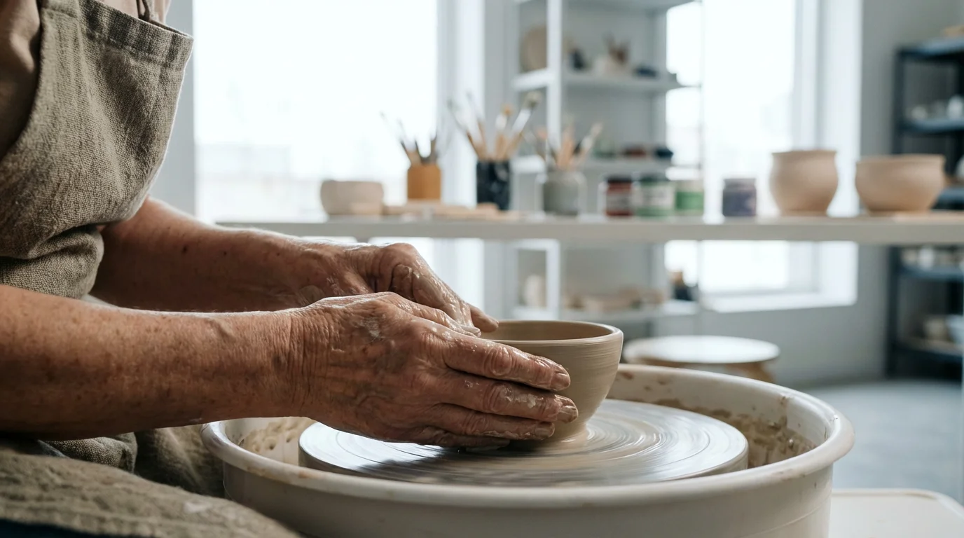 An older woman's hands shape a clay bowl on a potter's wheel in a workshop.