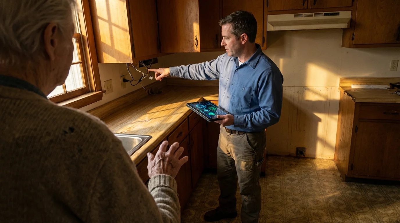 An over-the-shoulder view of a contractor consulting with a senior about kitchen electrical work.