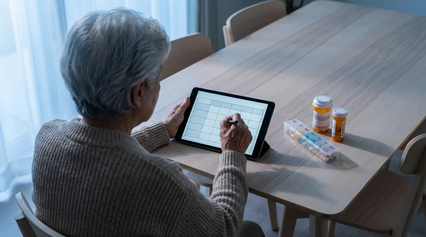 An over-the-shoulder view of a senior woman organizing her medication on a tablet computer.