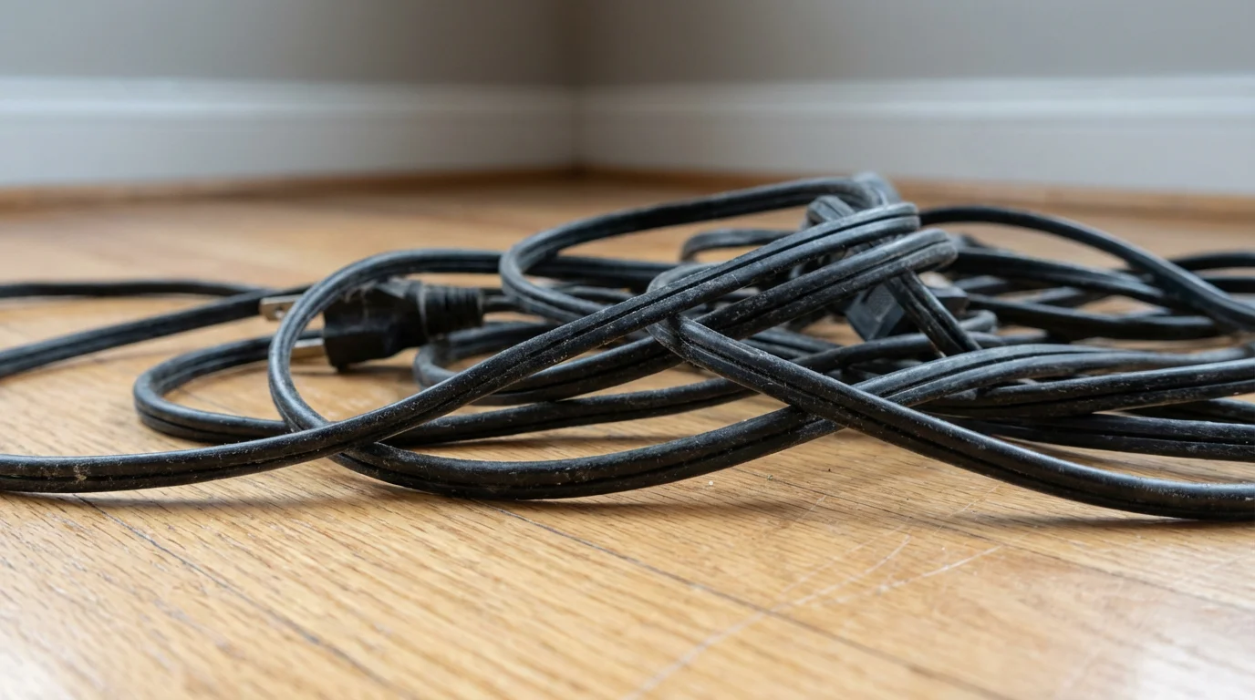 Close-up macro photo of a black electrical cord creating a tripping hazard on a floor.