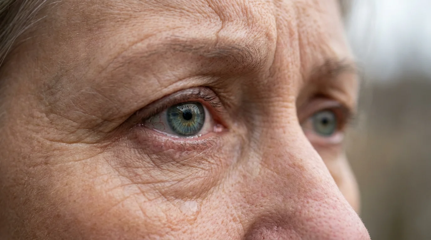 Close-up macro photo of a concerned senior woman's eye, showing signs of irritation.