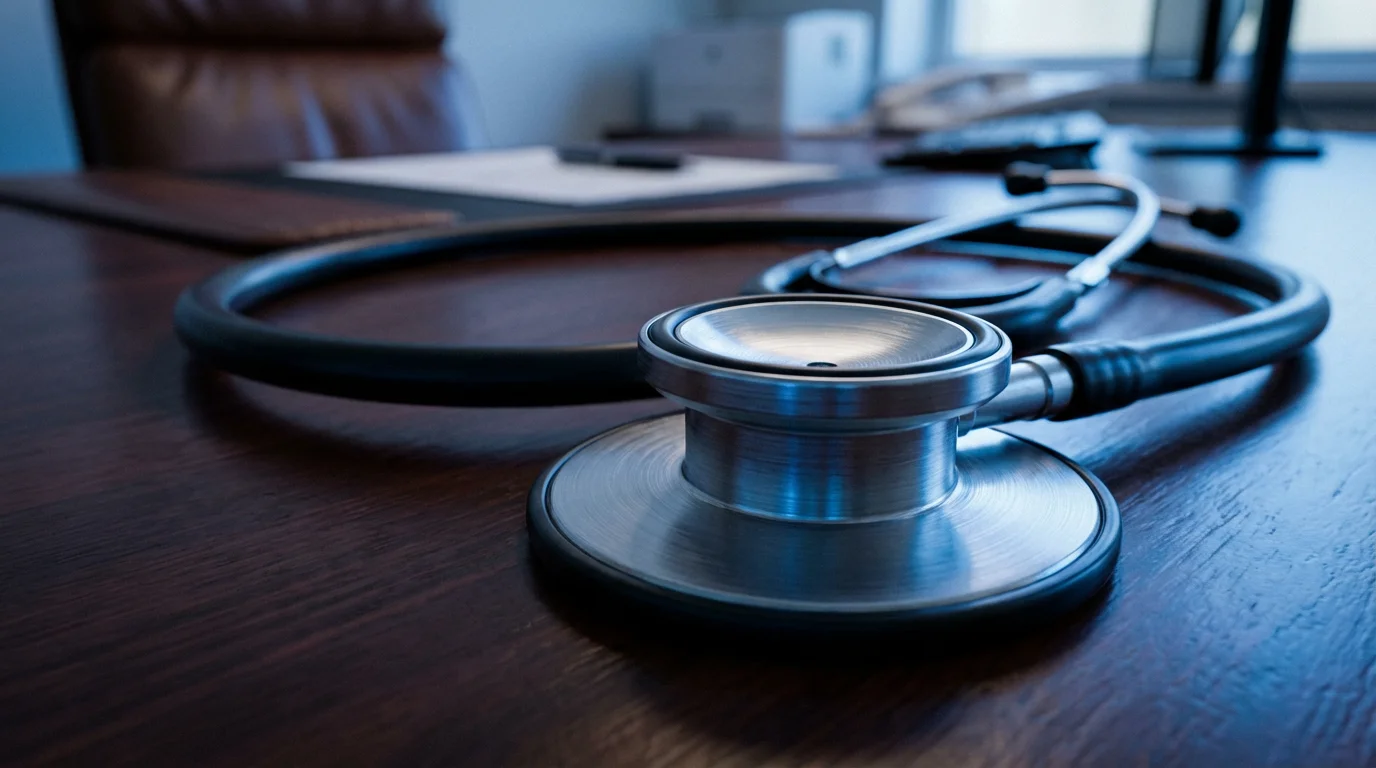 Close-up macro photo of a doctor's stethoscope on a desk during blue hour.