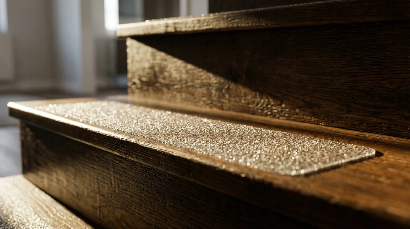 Close-up macro photo of a non-slip safety tread on a wooden stair for fall prevention.