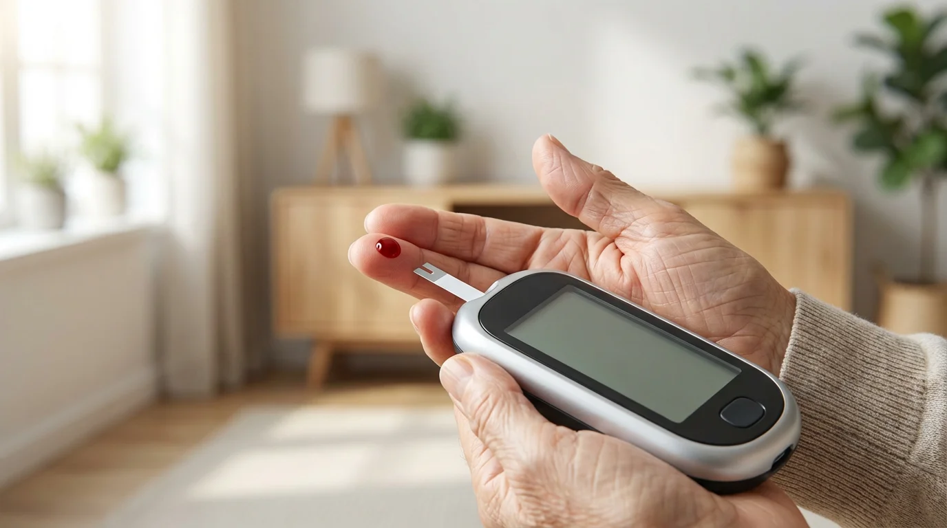 Close-up macro photo of a senior monitoring their blood sugar with a glucose meter.