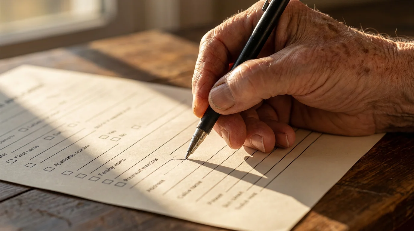 Close-up macro photo of a senior's hand filling out a blank assistance application form.