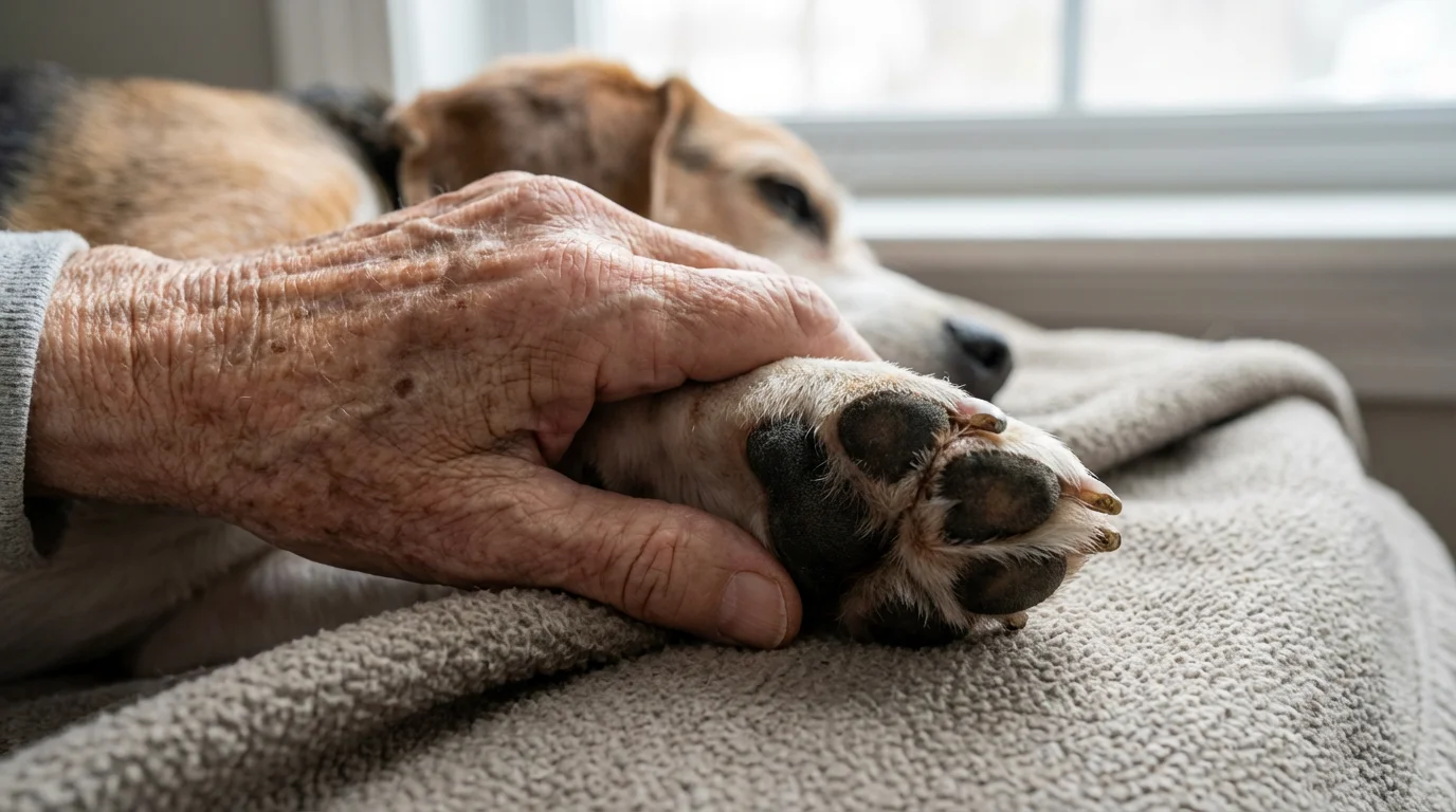 Close-up macro photo of a senior's hand gently holding a calm beagle's paw.