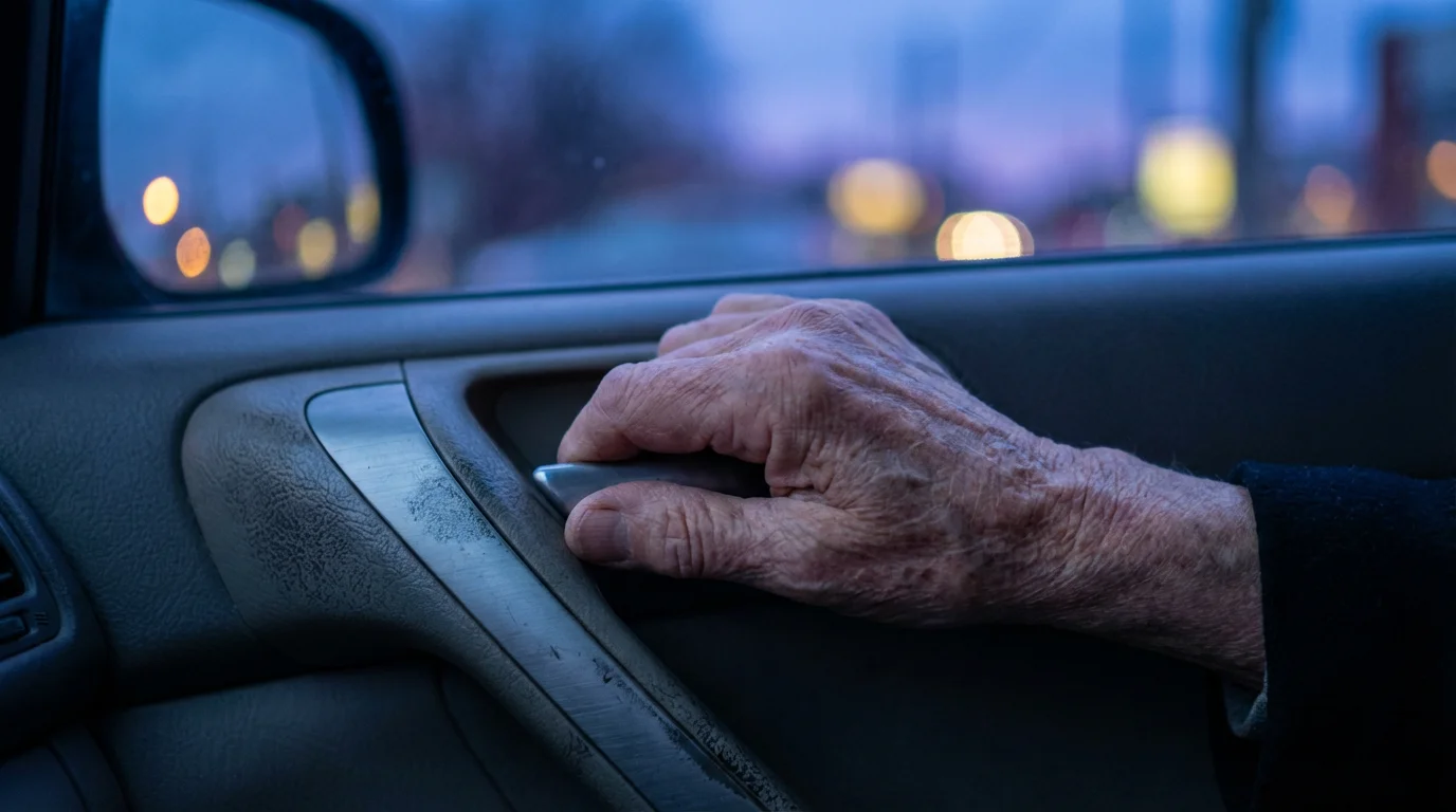 Close-up macro photo of a senior's hand on a car door handle at twilight.