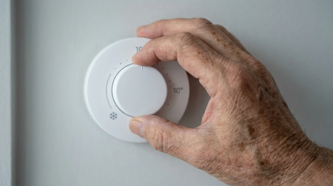 Close-up macro photo of a senior's hand turning down a modern wall thermostat.