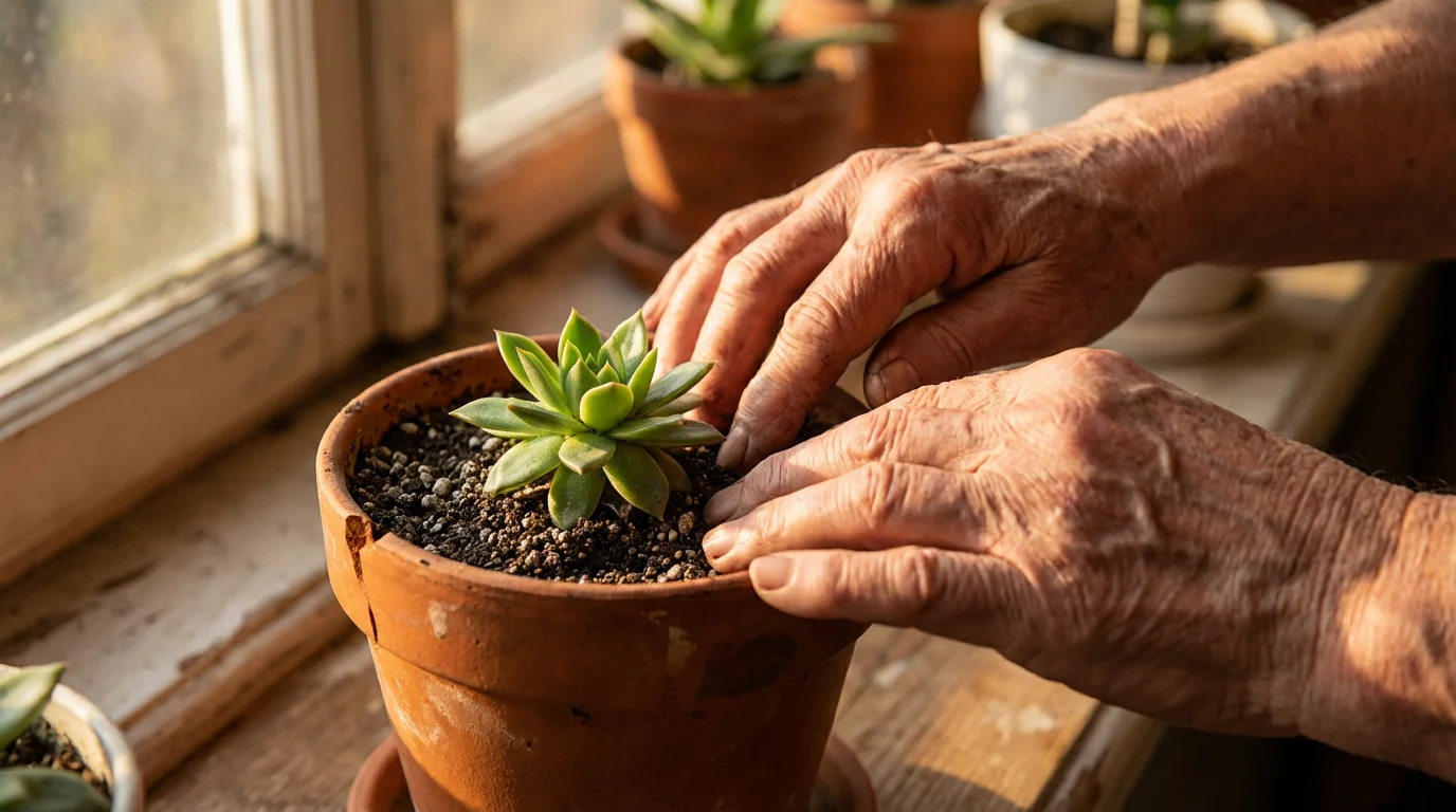 Close-up macro photo of a senior's hands gently tending to a small succulent plant.