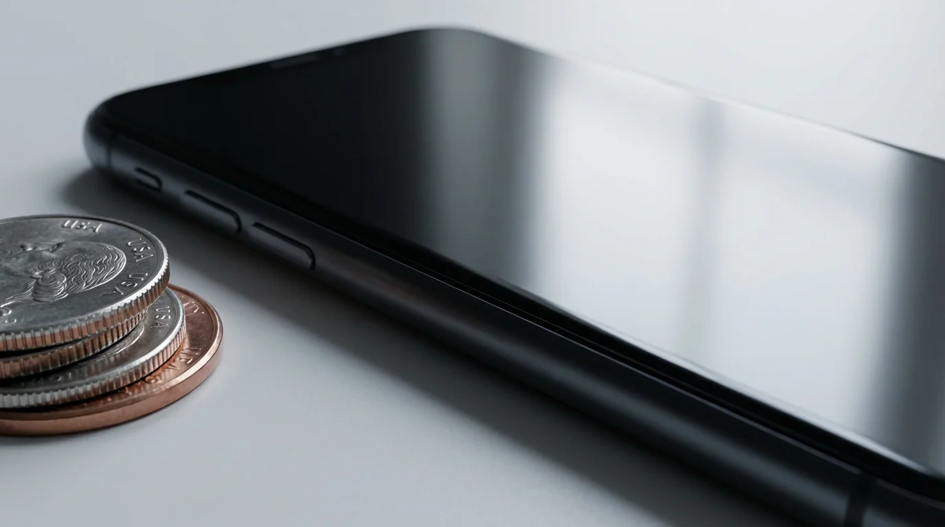 Close-up macro photo of a smartphone next to a stack of US coins.