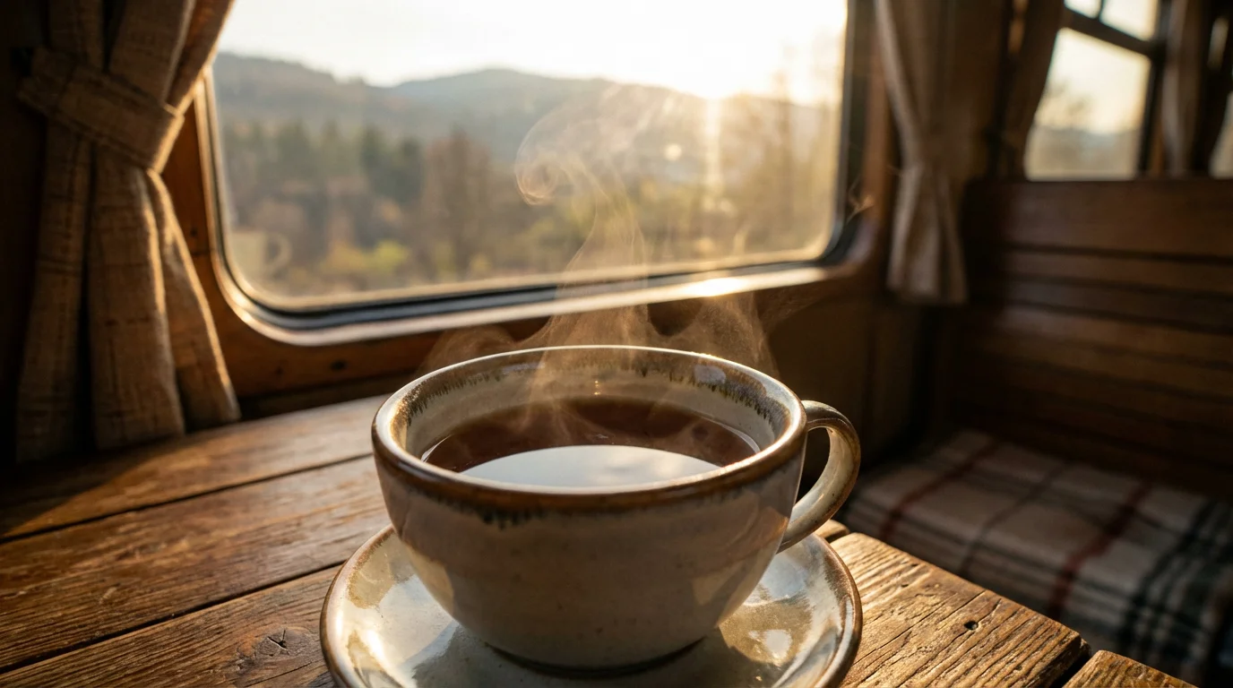 Close-up macro photo of a steaming mug of tea on a train at sunset.