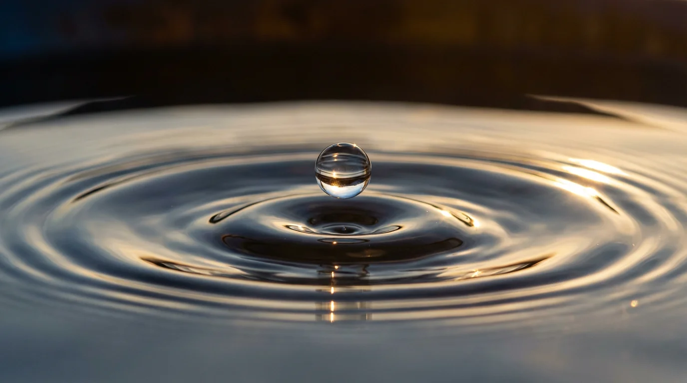Close-up macro photo of a water droplet creating golden ripples on a dark surface.