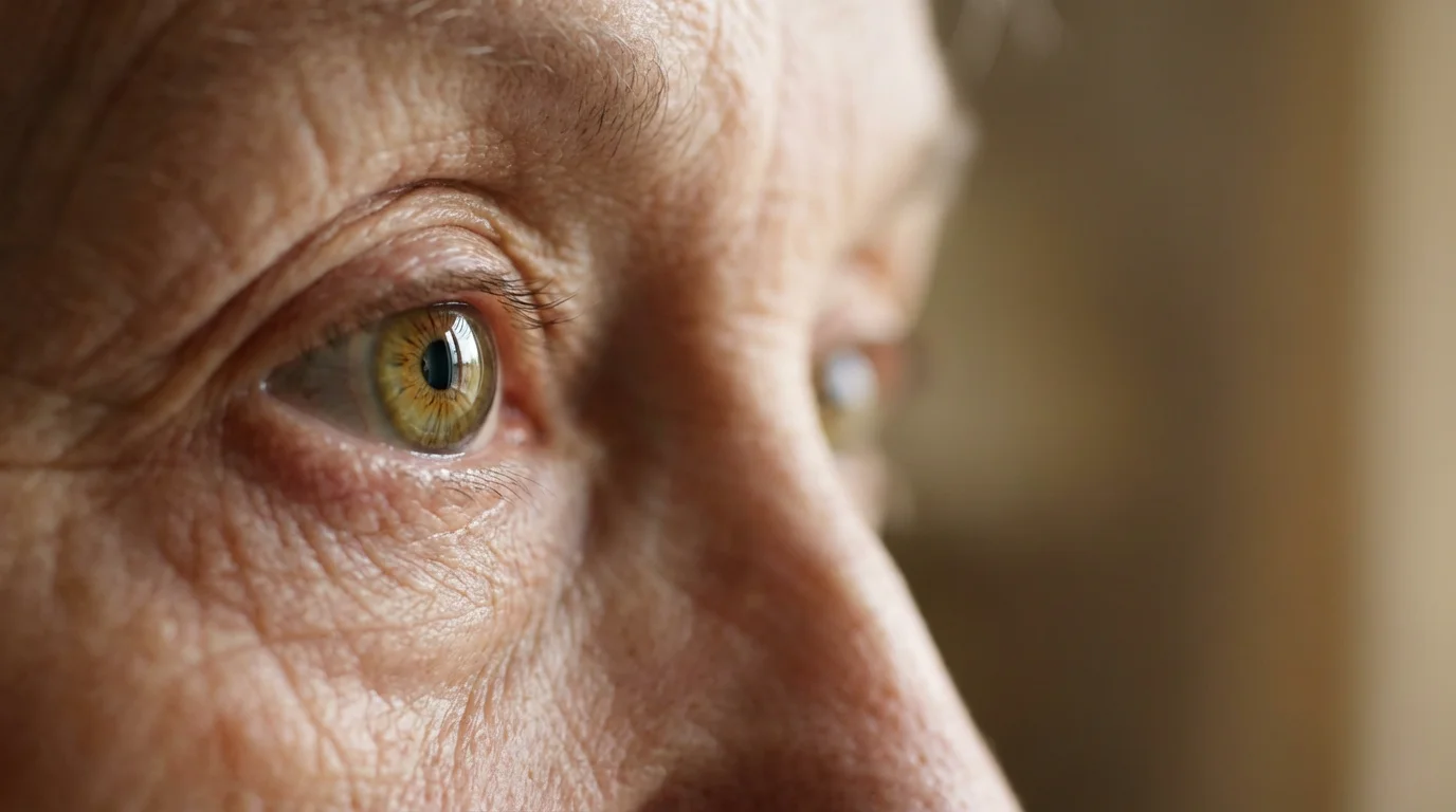 Close-up macro photo of an elderly person's eye, showing focus and active listening.