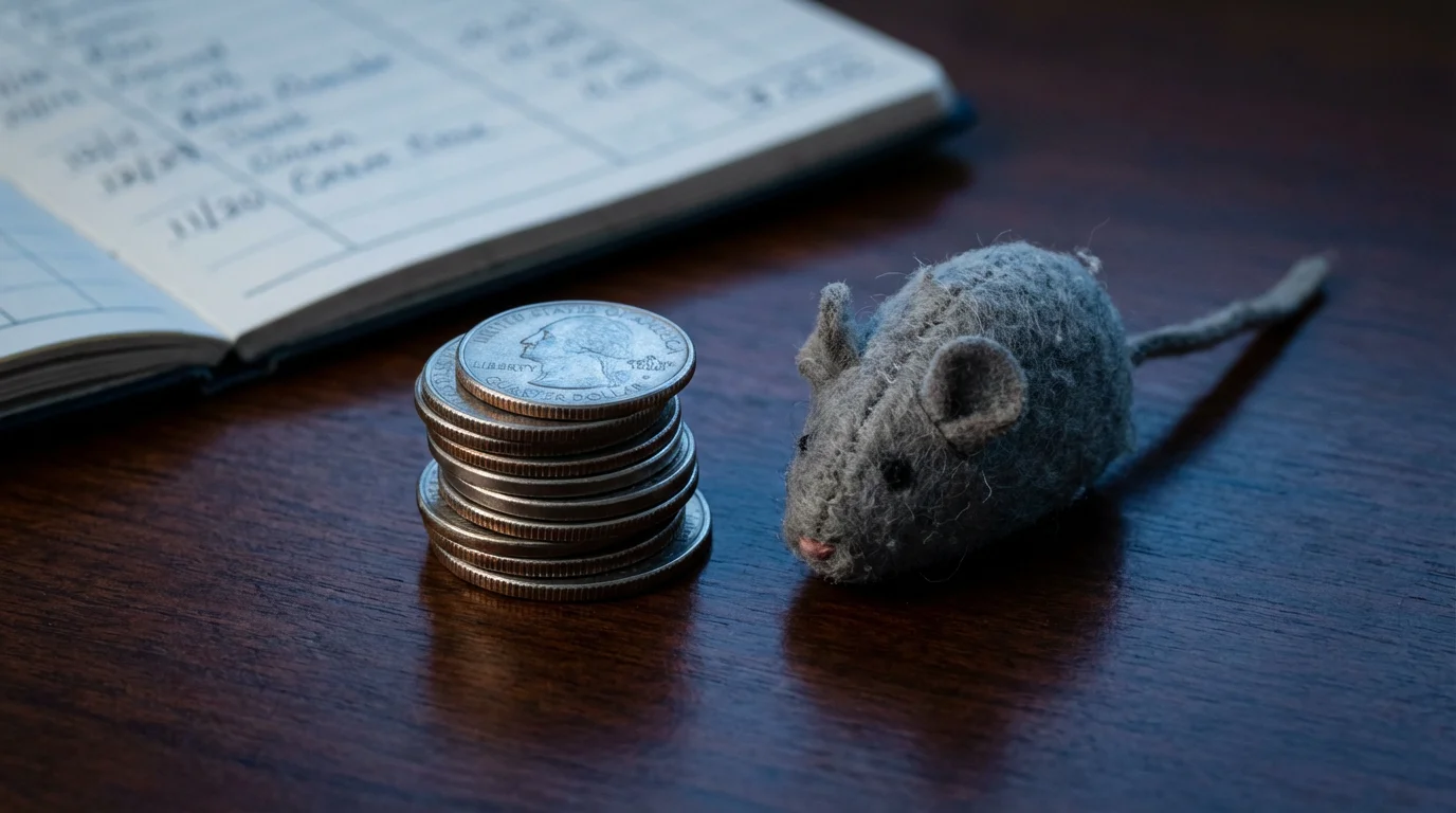 Close-up macro photo of coins stacked next to a small cat toy on a desk.