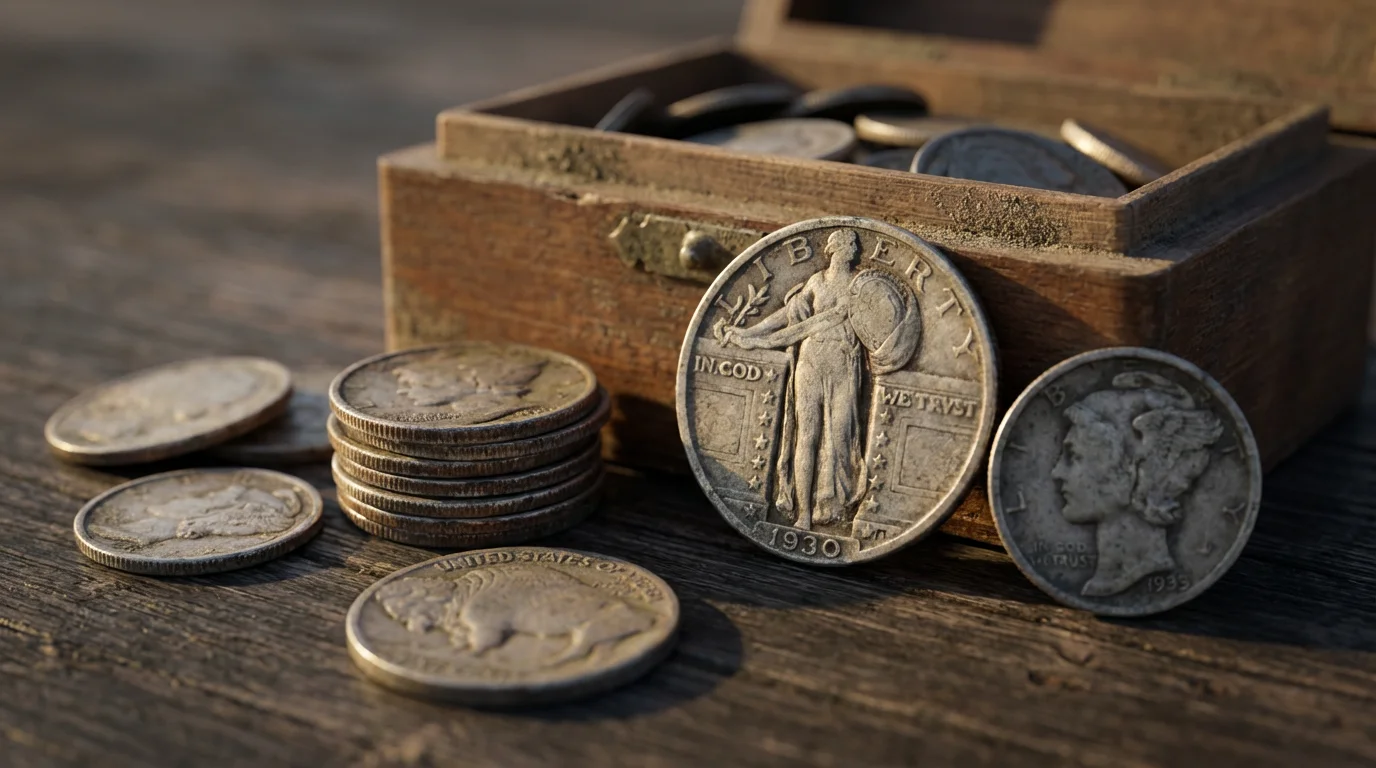 Close-up macro photo of old US coins spilling from a vintage wooden box.