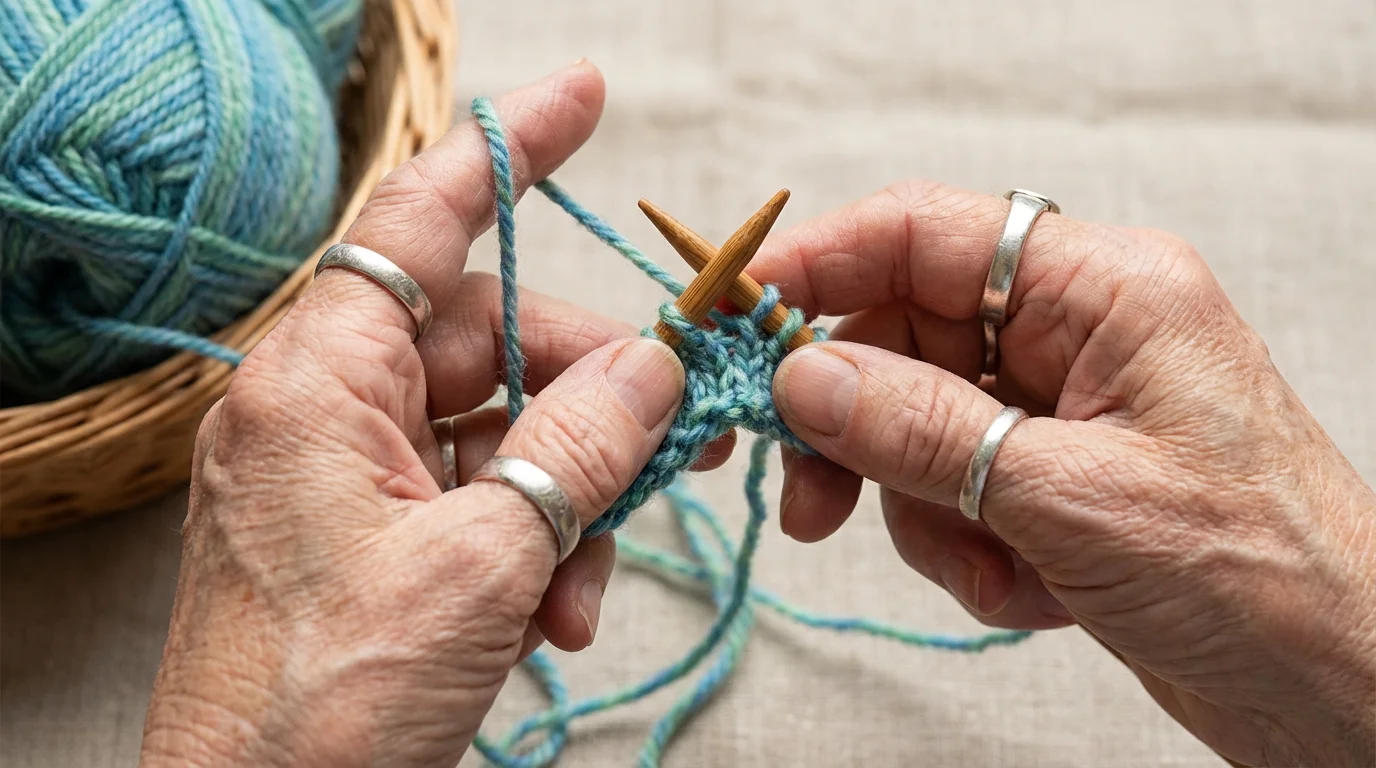 Close-up macro photo of senior hands casting on stitches with wool yarn onto knitting needles.