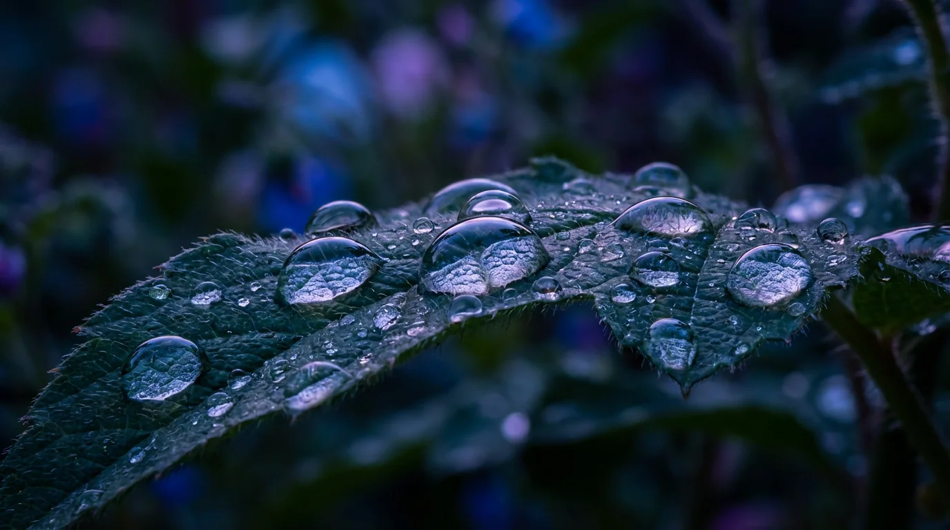 Close-up macro photo of shimmering water droplets on a green leaf at dusk.
