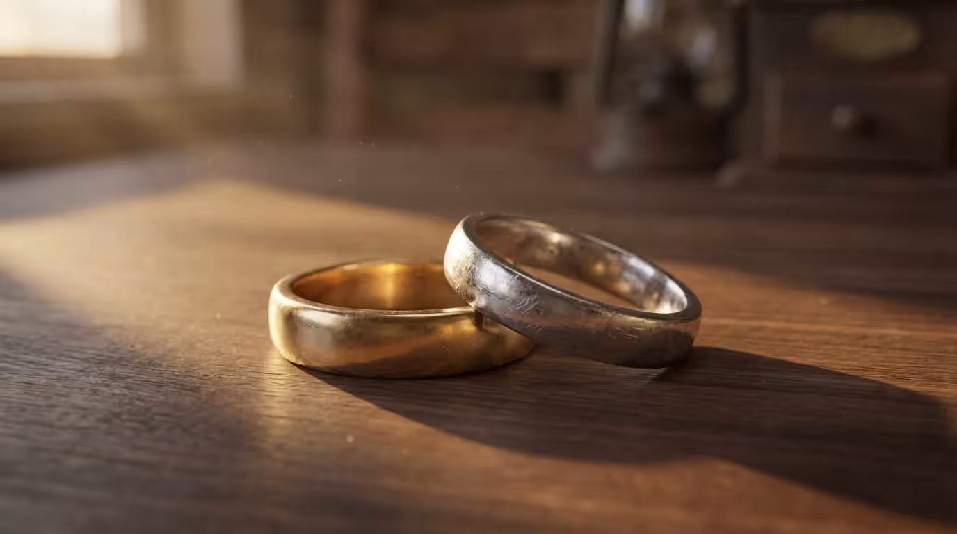 Close-up macro photo of two wedding rings casting long shadows on a wooden table.