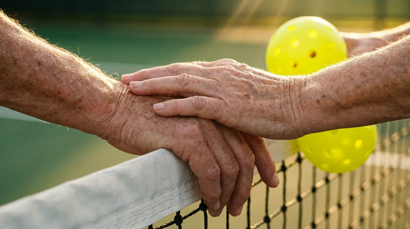 Close-up macro photograph of two seniors' hands resting together on a pickleball net.