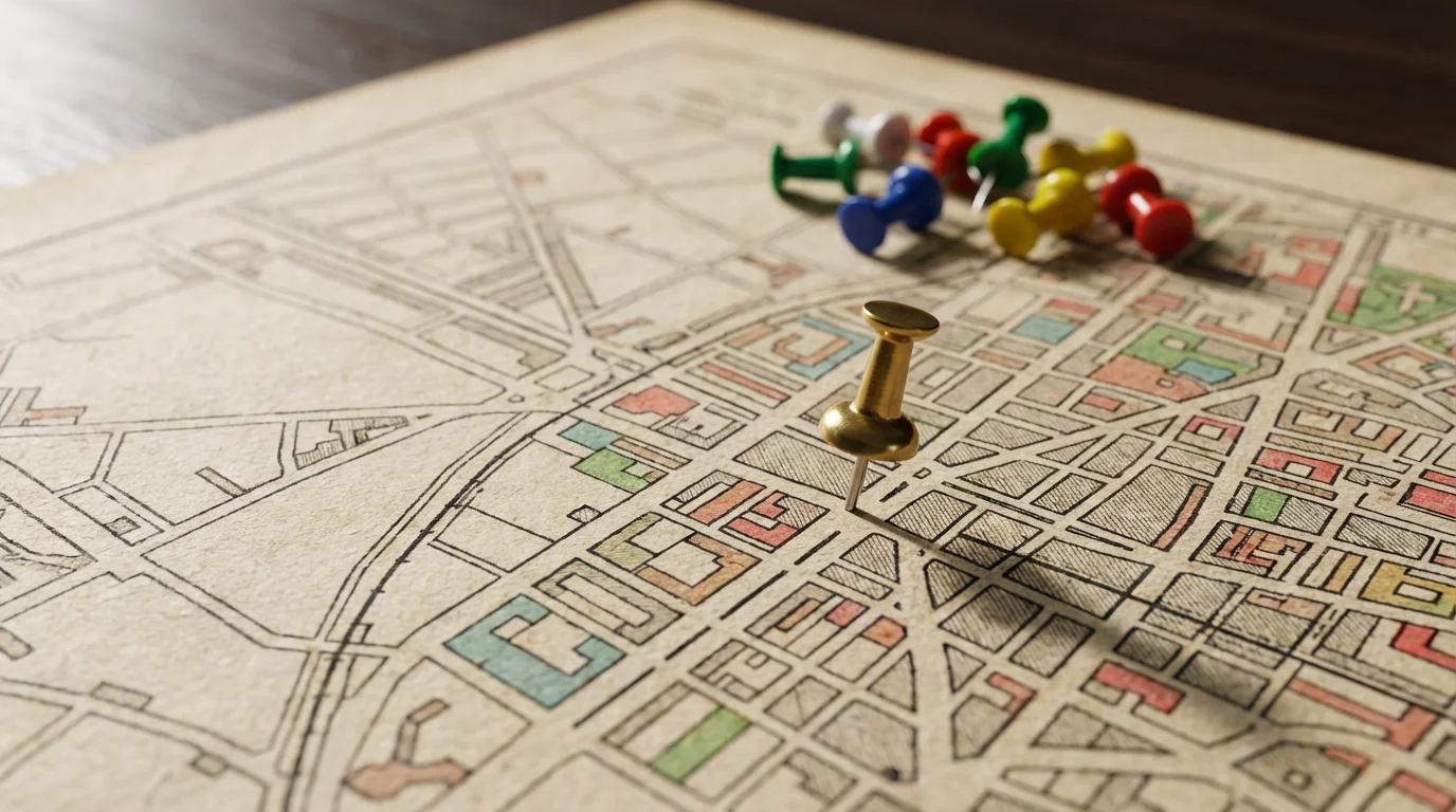 Close-up macro shot of a single brass pin and a group of pins on a map.
