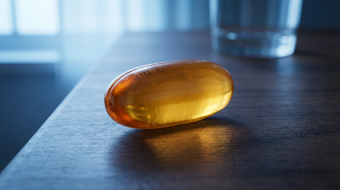 Close-up macro shot of a single golden Vitamin D softgel on a table.