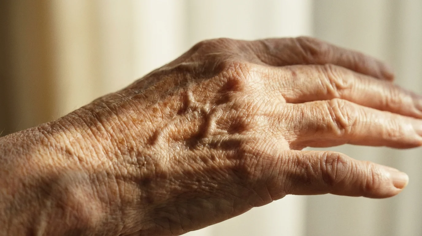 Close-up macro shot of sunlight on a senior's hand, symbolizing Vitamin D synthesis.